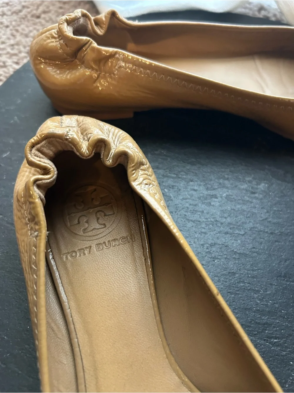 Tory Burch Tan Leather Logo Ballet Flats with Gold Medallions